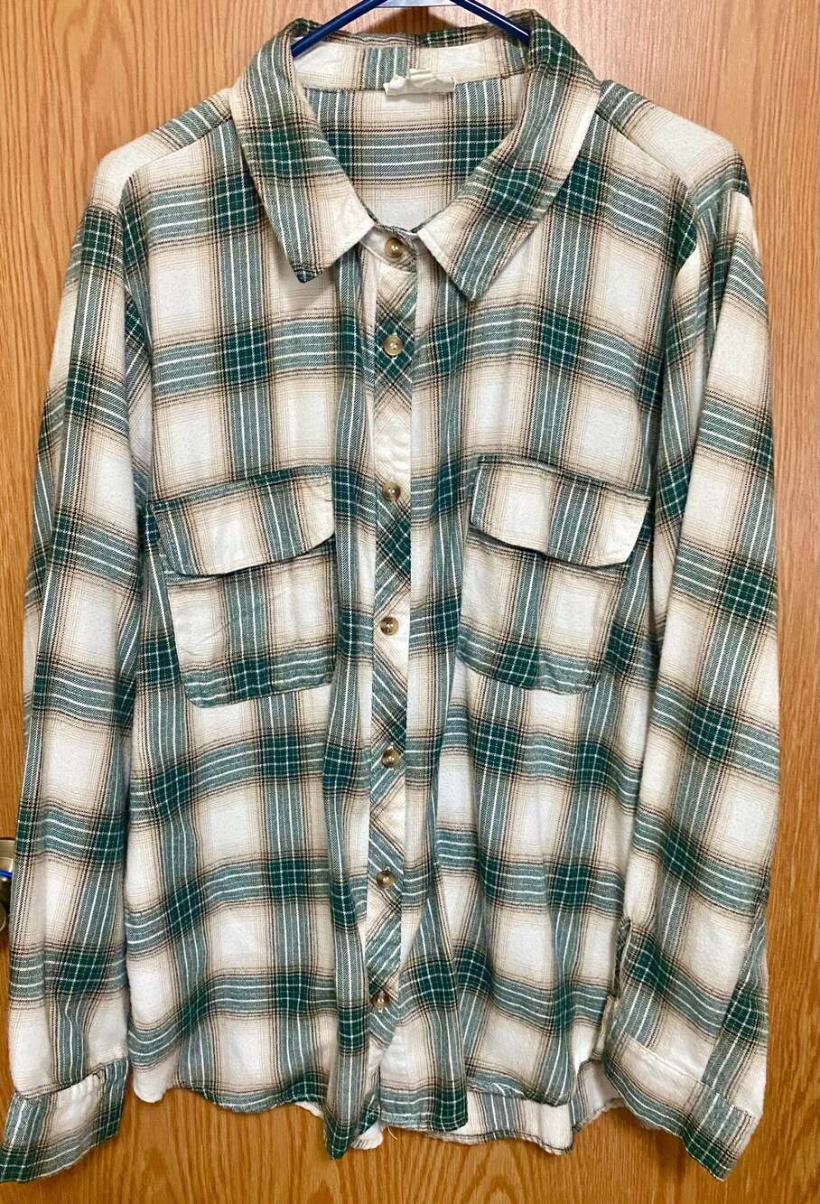 Perch by Blu Pepper Women's Green and Beige Plaid Long Sleeve Button-Up Shirt